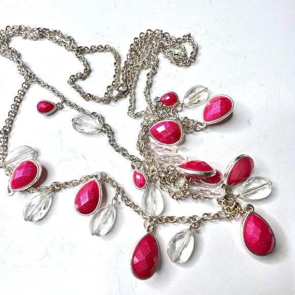 Red & Clear Teardrop Bead Multi Layered Statement Chain Necklace 35 inch - Picture 4 of 5